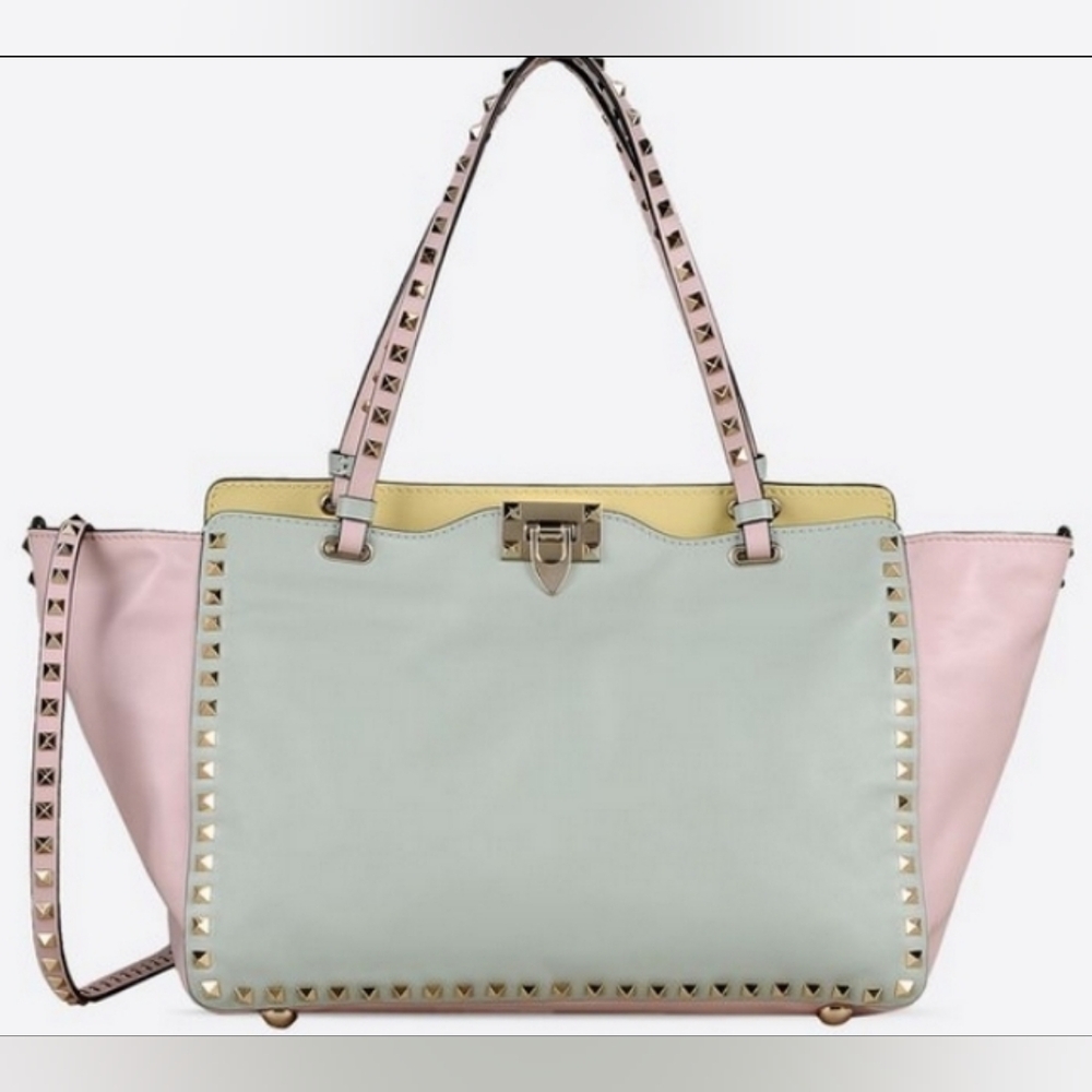 Valentino Garavani Vitello Watercolor Small Rockstud Tote Rose Green Yellow Sky